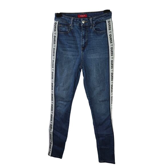Women's Guess Jeans Medium Wash Blue Skinny Jeans Logo Striped Size 26 - Picture 1 of 10